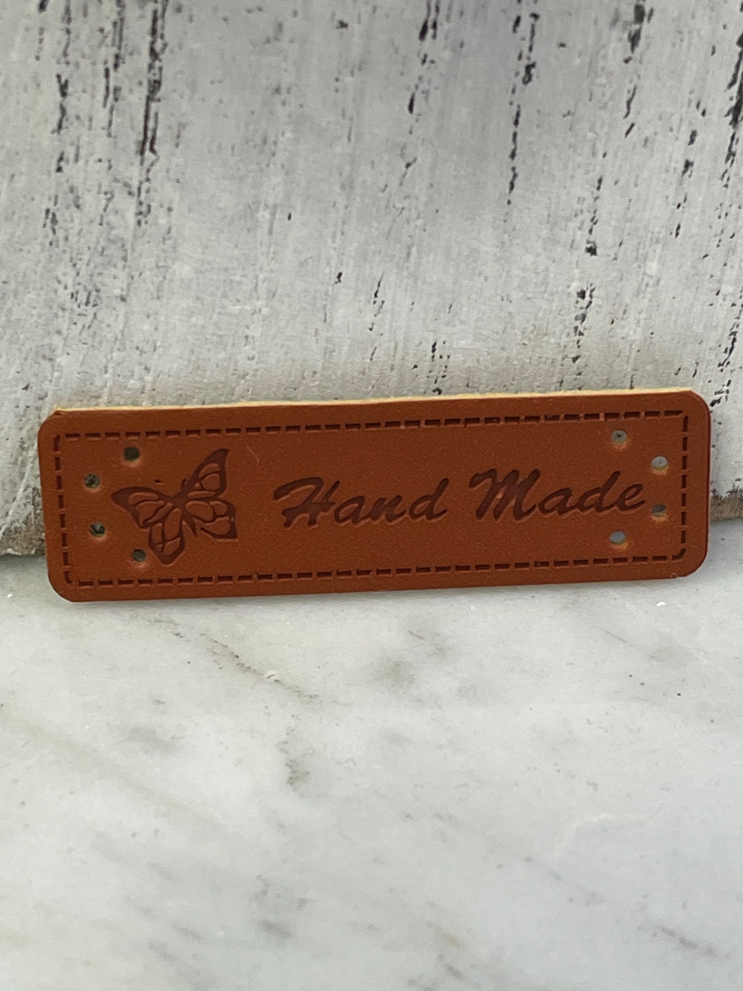 Aufnäher Label "Hand Made" Schmetterling aus Kunstleder braun 26350