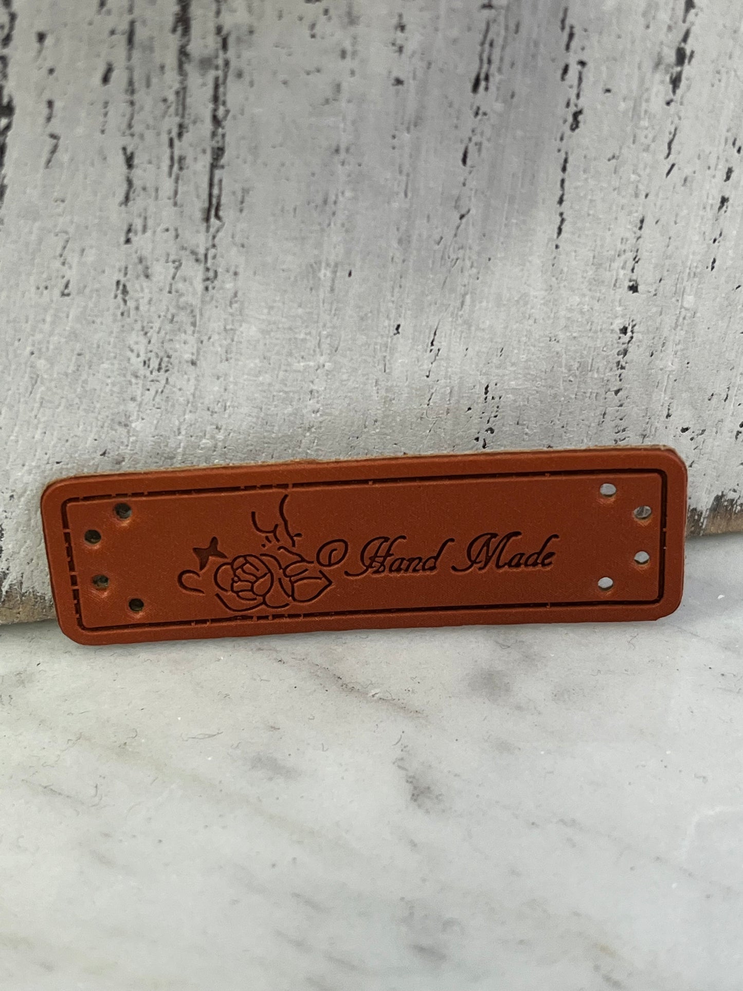 Aufnäher Label "Hand Made" Rose aus Kunstleder braun 28081