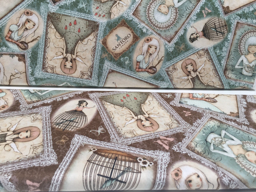 QT-Fabrics SANTORO Lost Song Mädchen Puppe Bild braun grün