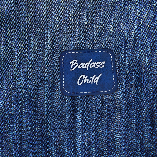 Aufnäher Label CRAZY "BADASS CHILD" blau aus Kunstleder