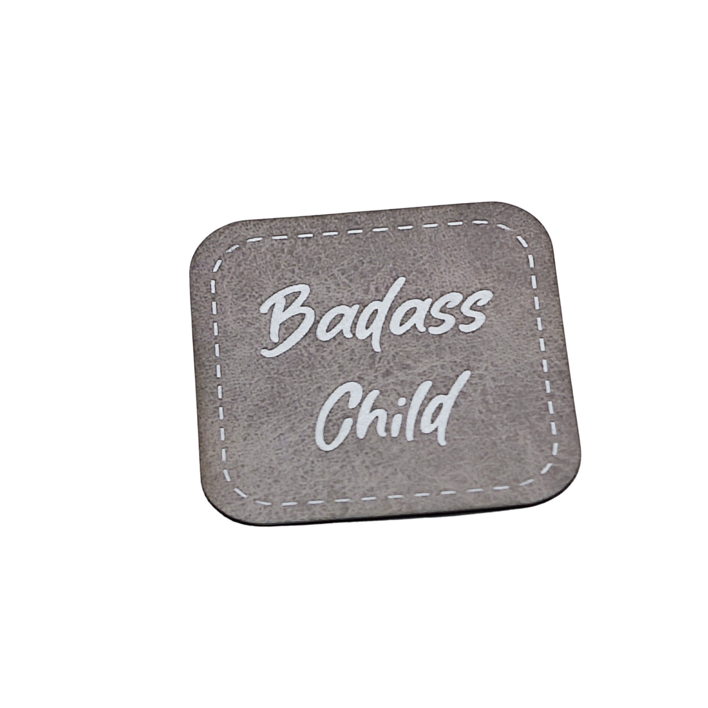 Aufnäher Label CRAZY "BADASS CHILD" grau aus Kunstleder