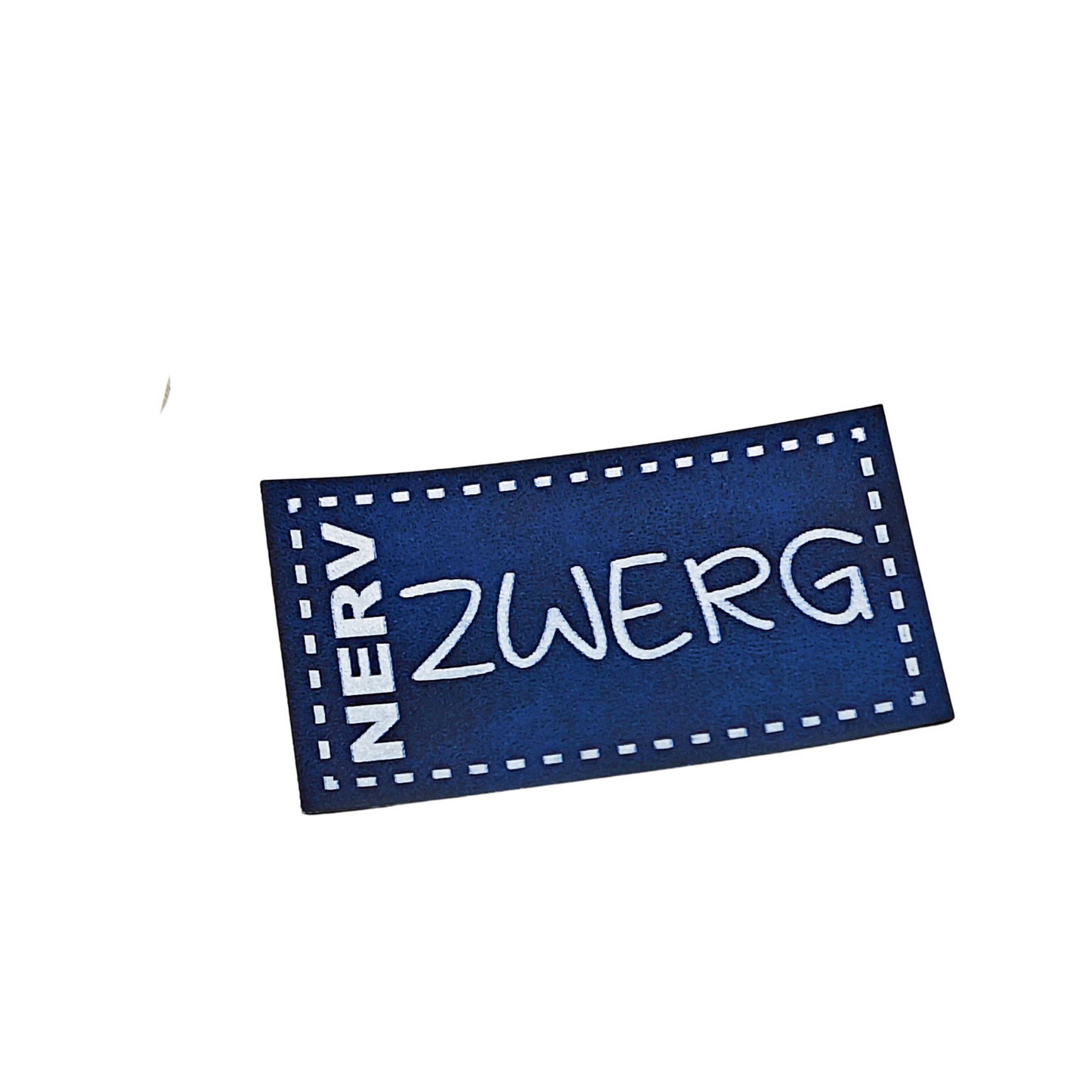 Aufnäher Label CRAZY "NERV ZWERG" blau aus Kunstleder