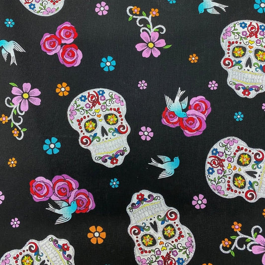 David Textiles "Day of the Dead with glitter" DT5195-1 Totenkopf dia de los muertos